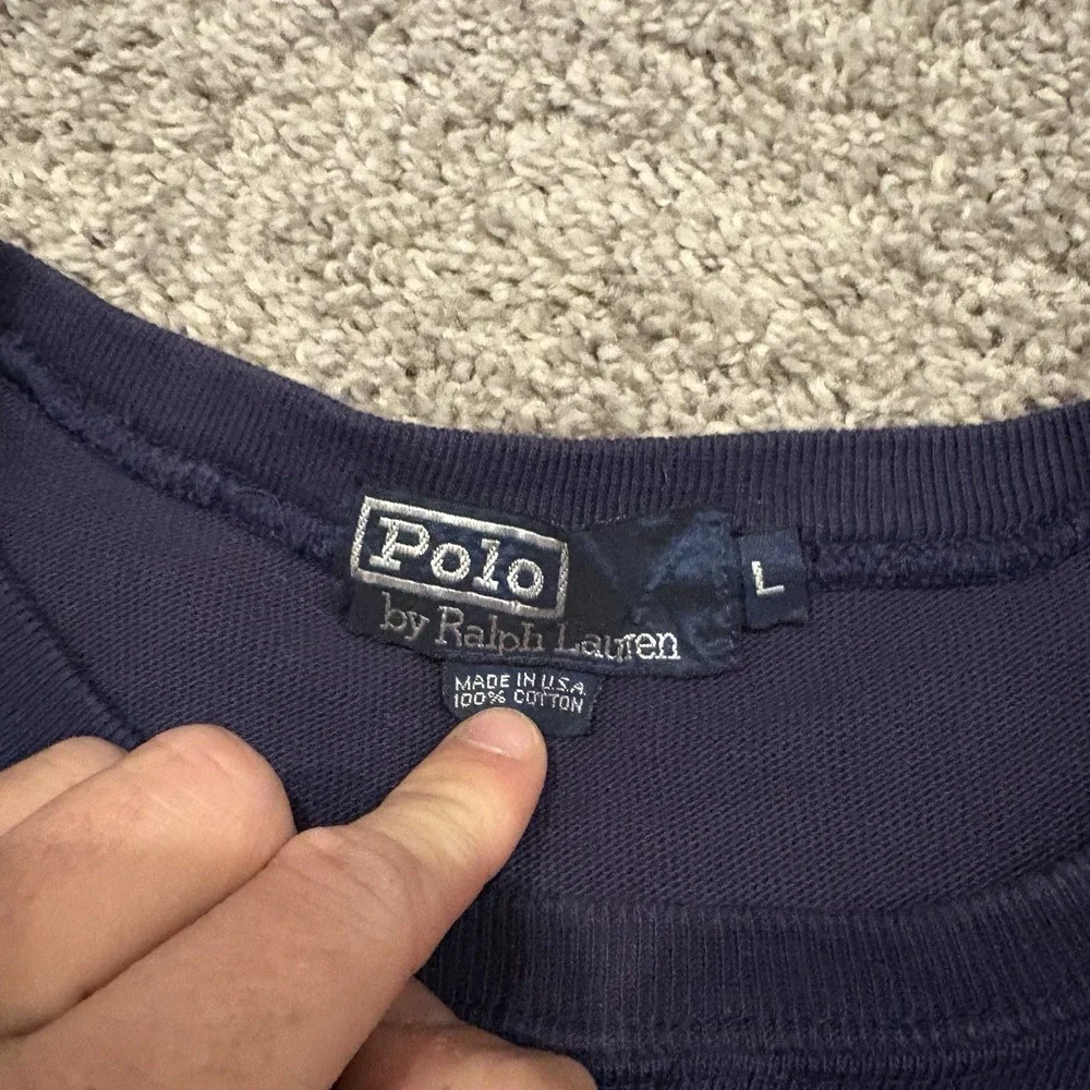 VINTAGE USA POLO Ralph Lauren Navy Crewneck Sweatshirt Pockets Shoulder Pad SZ L